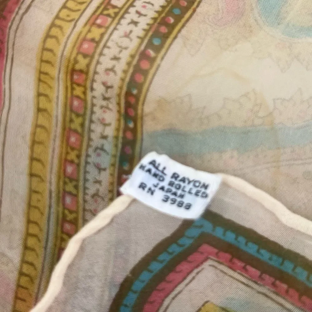 Vintage Scarf Rectangular Gold Green Paisley 100% Rayon‎ Hand Rolled Japan 42X16